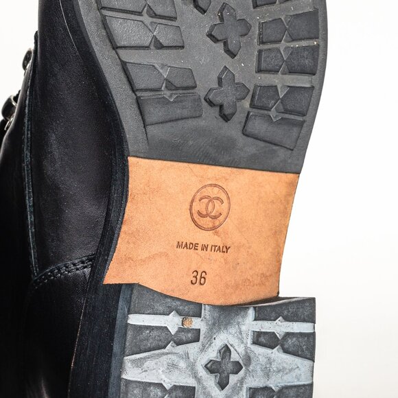 Chanel 15A Black Leather Tweed-Trim Lace-Up Short Boots, Size 6 - Picture 5 of 12